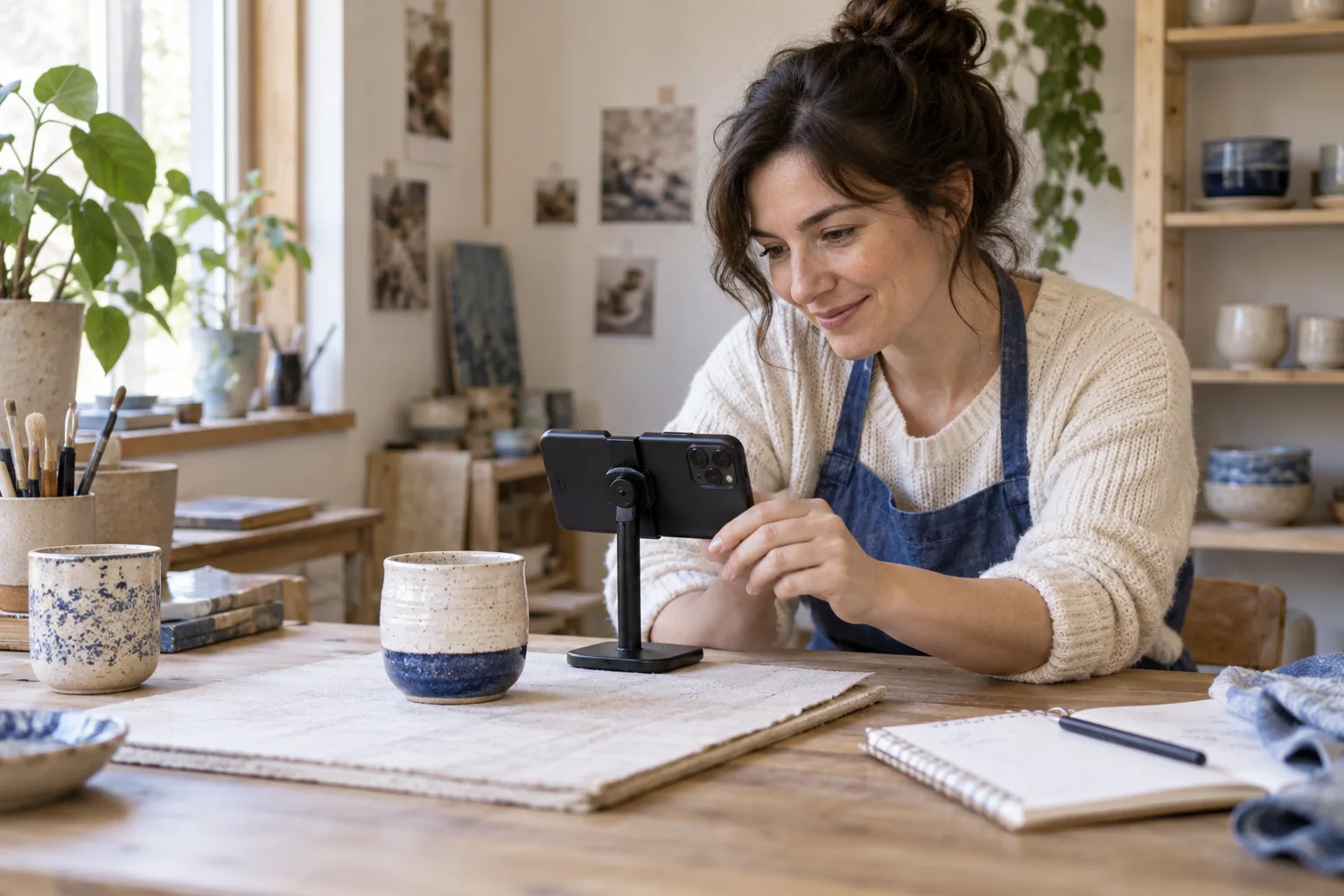 A creative photographing a ceramic cup in a home studio, an AI-generated scene