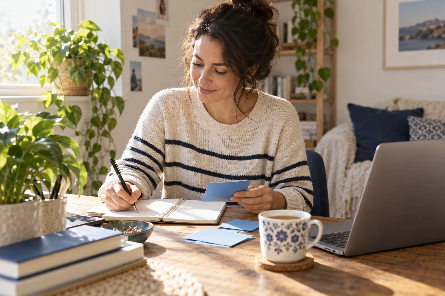 A freelancer planning her week with a notebook and blue cards, an AI-generated scene