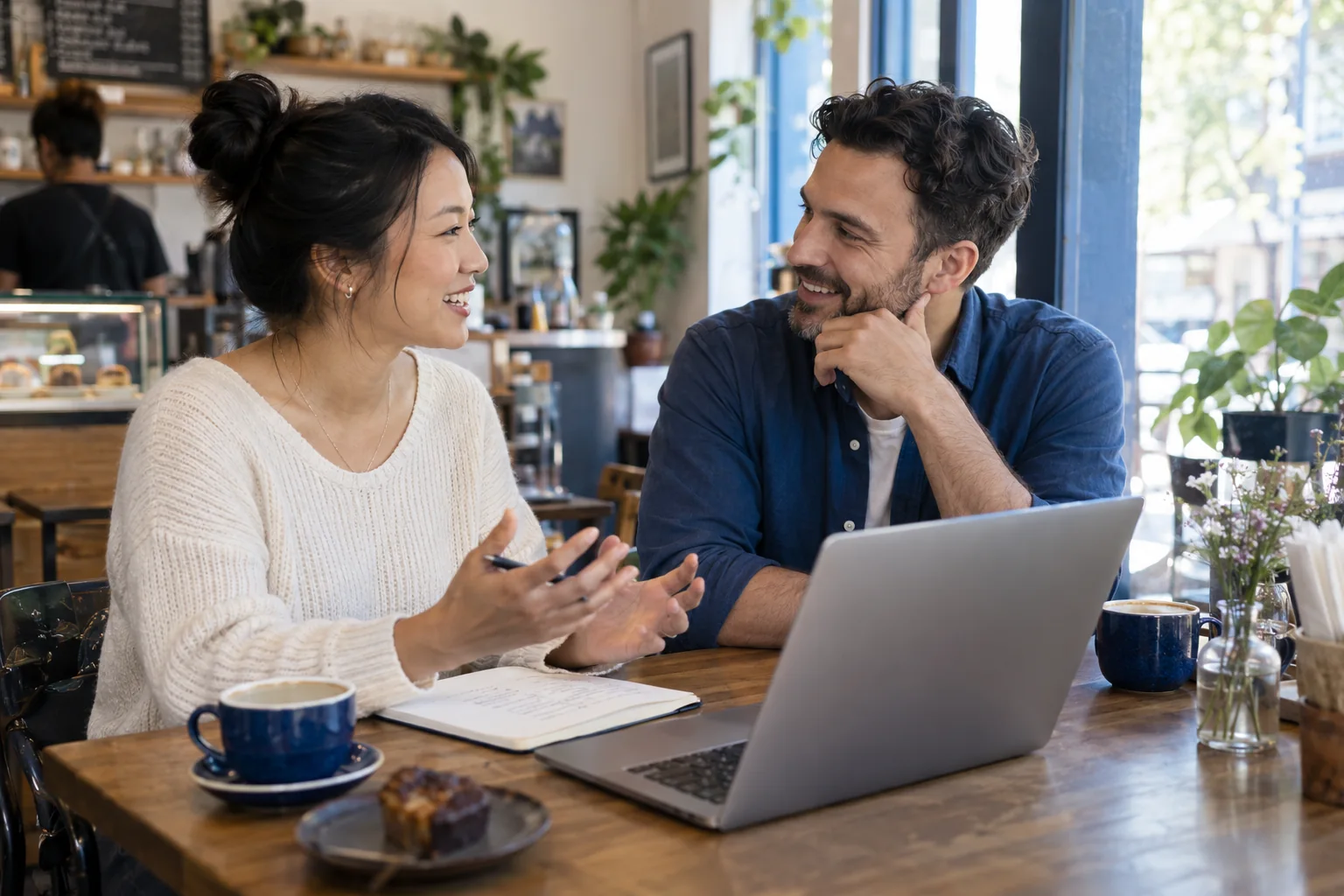 Two people talking over a laptop and notebook in a bright café, an AI-generated scene