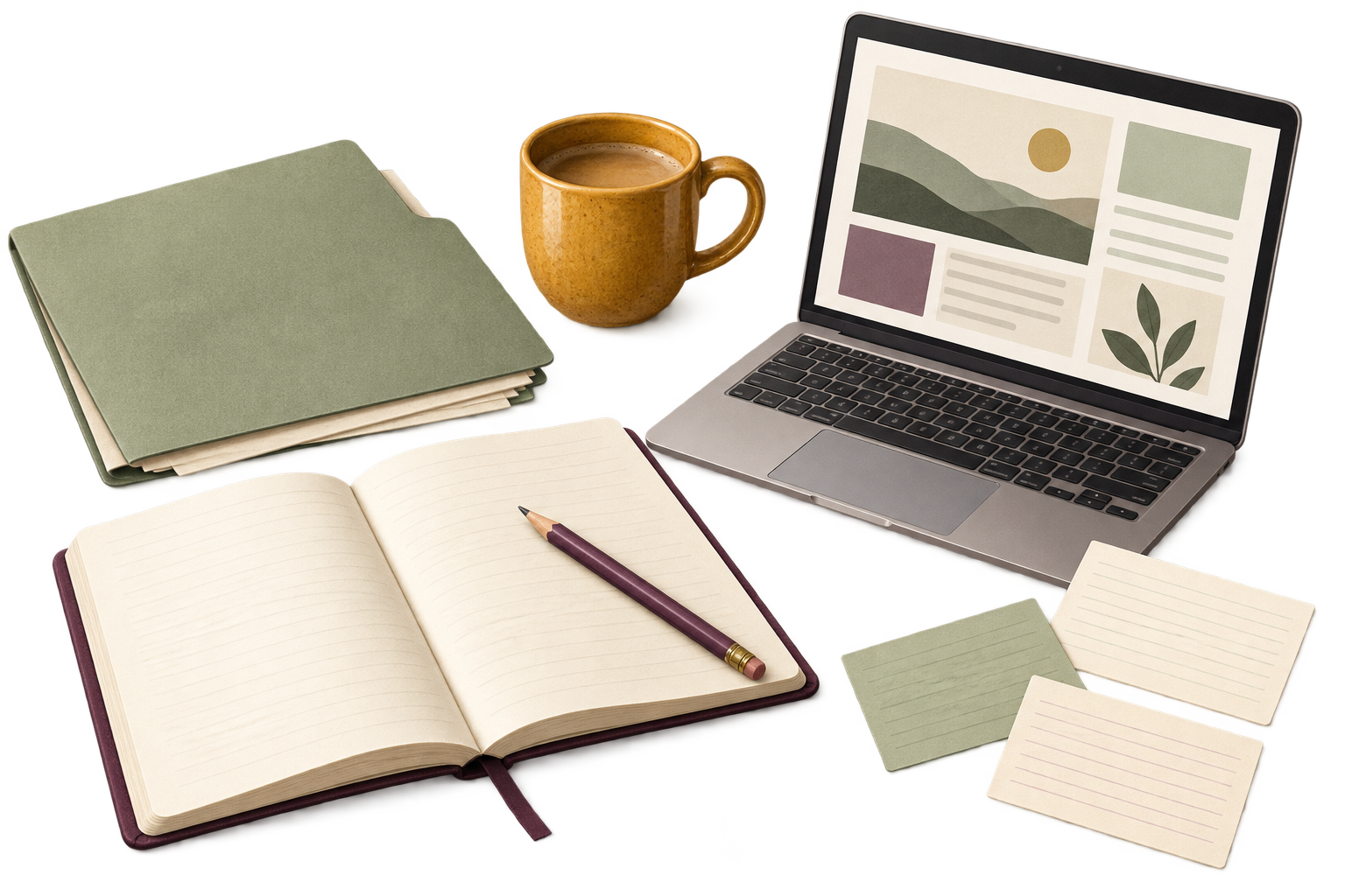 Editorial illustration of a laptop, open notebook, pencil and planning cards