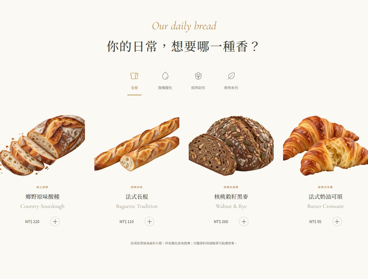麵包選單與原料揭露