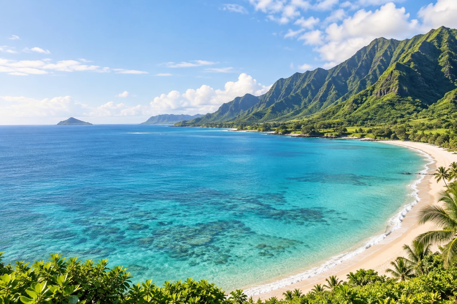 青い海と緑の山々が広がるハワイをイメージした海岸