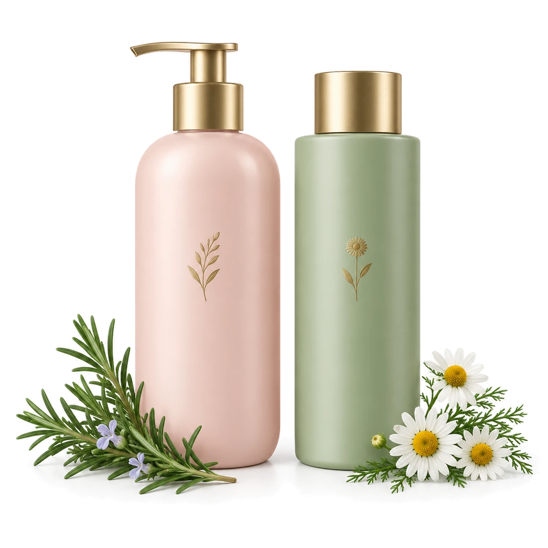 Blush shampoo and sage conditioner concept bottles with botanical accents