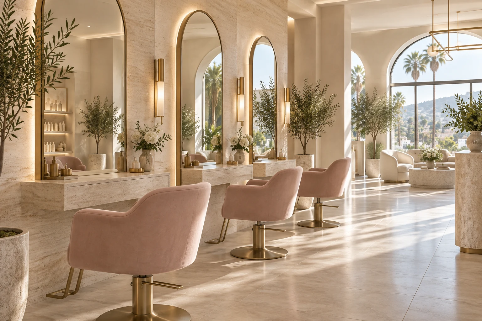 Light-filled luxury salon with arched mirrors and natural stone