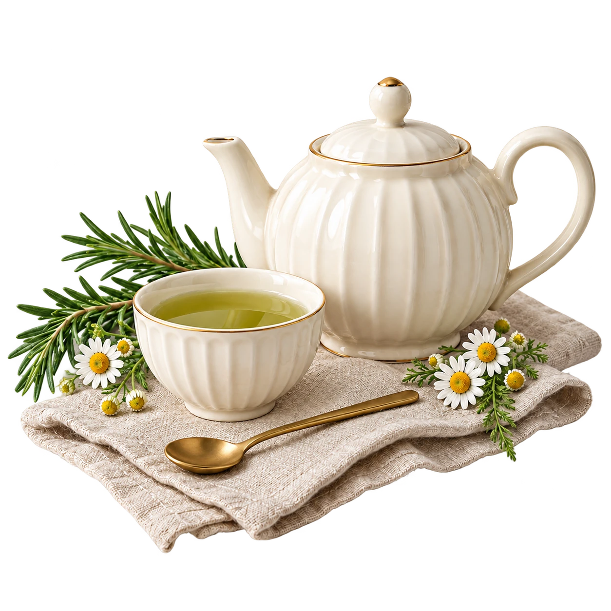 Elegant tea service with small ceramic cup and herbs