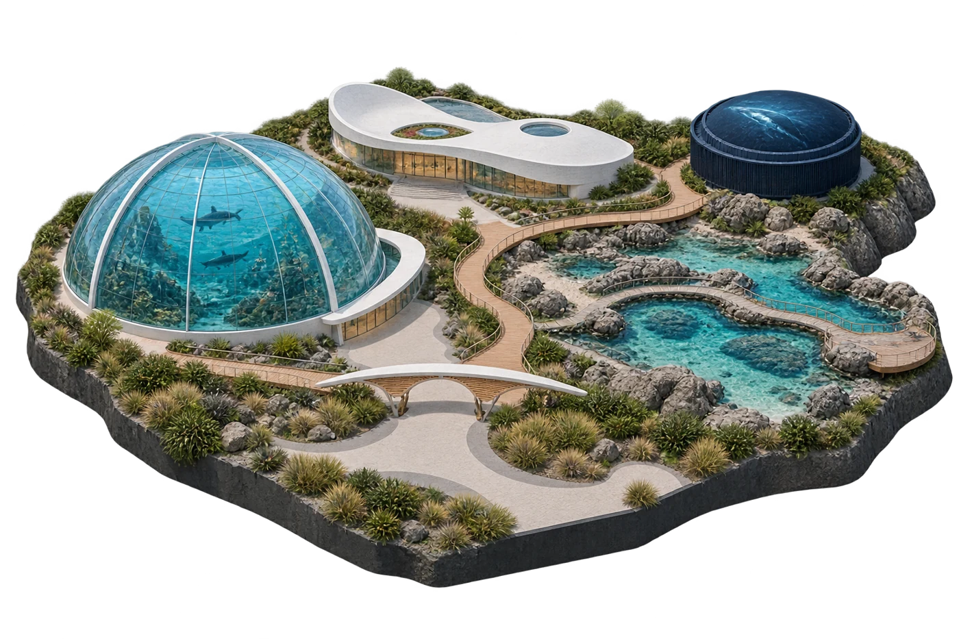Illustrated isometric museum campus with a glass dome, coastal pools, boardwalk and theatre