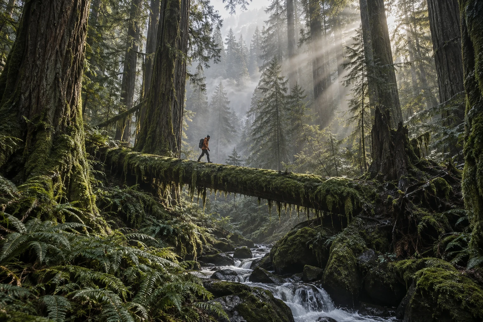 A small hiker amongst towering forest trees