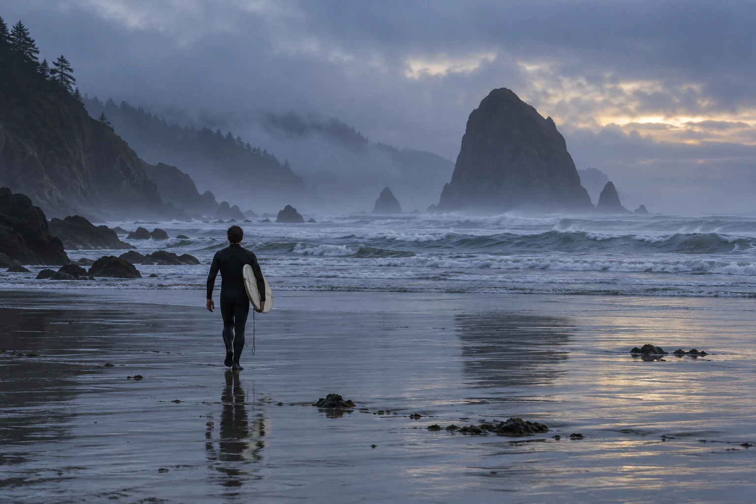 A surfer approaching the Pacific through evening mist