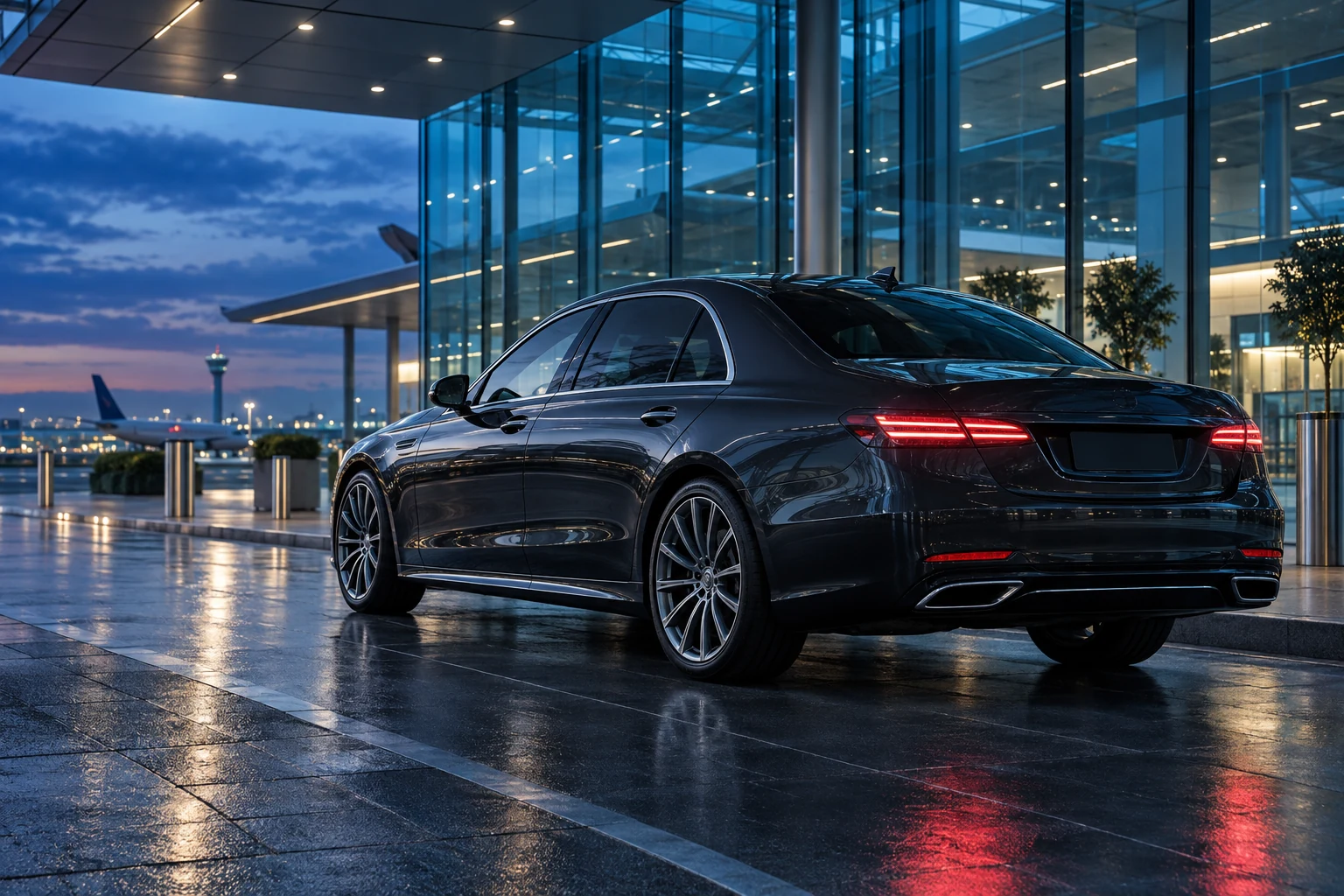Executive sedan outside a modern city terminal