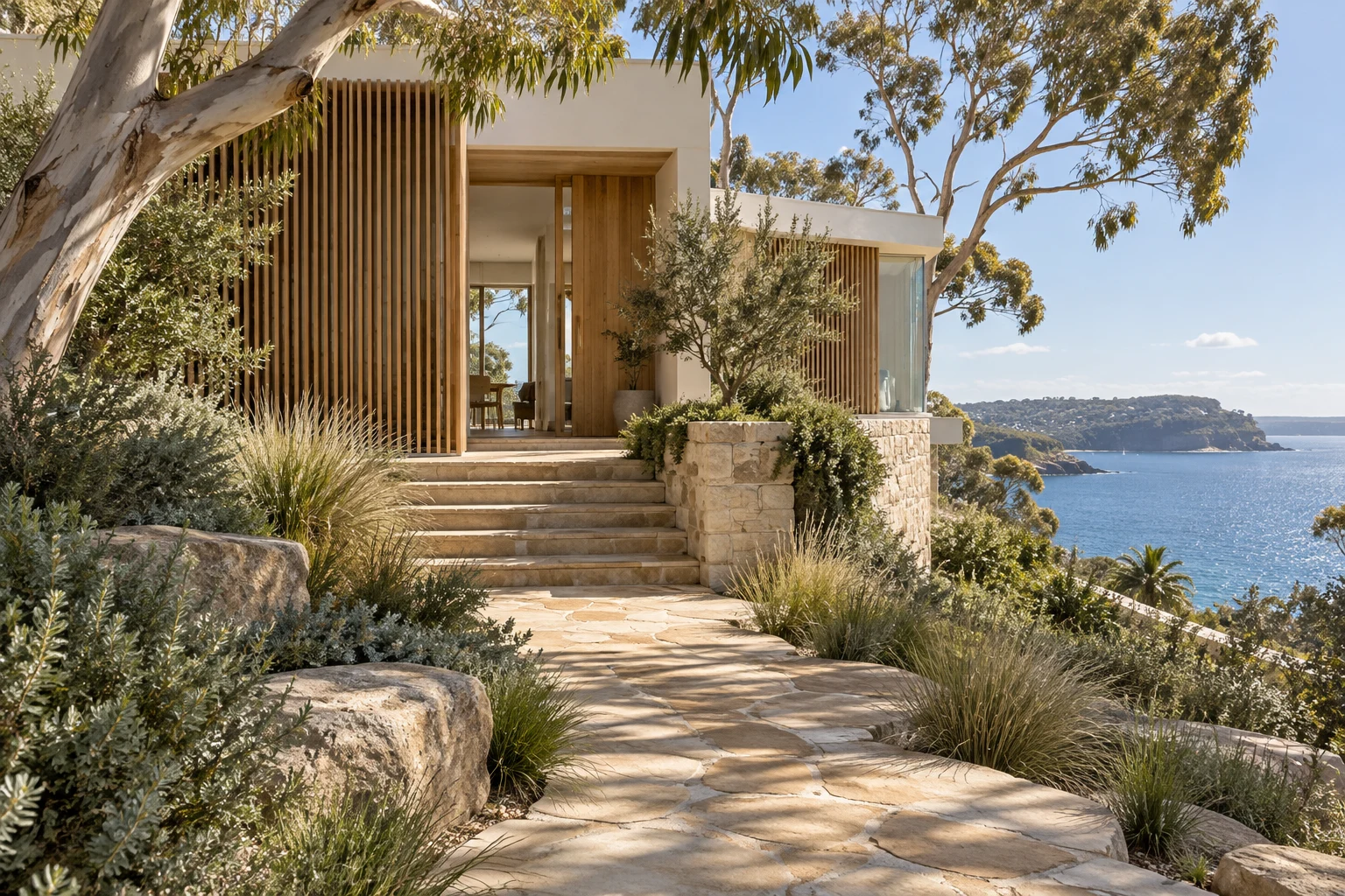 Sunlit coastal home with sandstone path and native garden