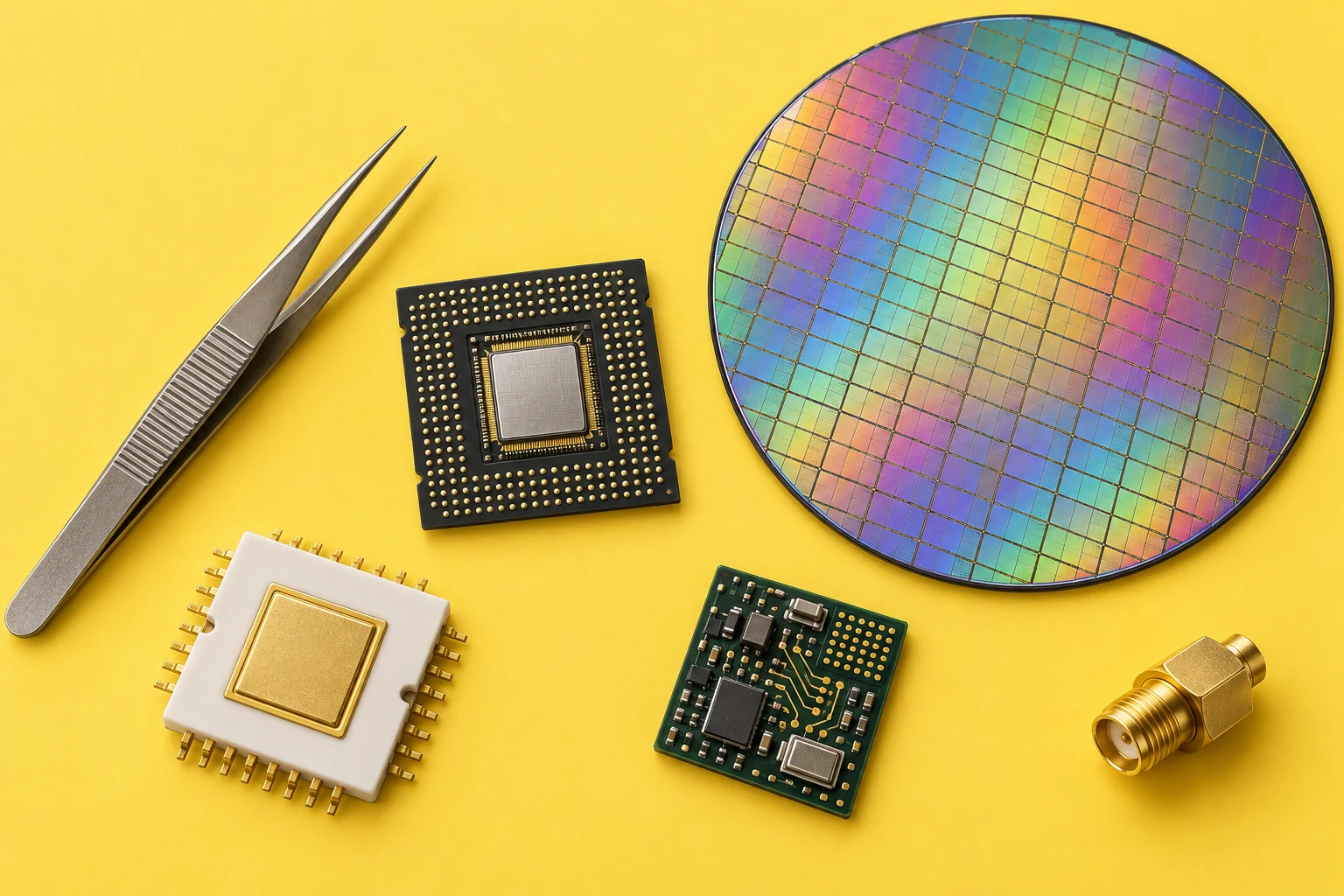 Silicon wafer, microprocessor, ceramic package and precision tweezers arranged on yellow