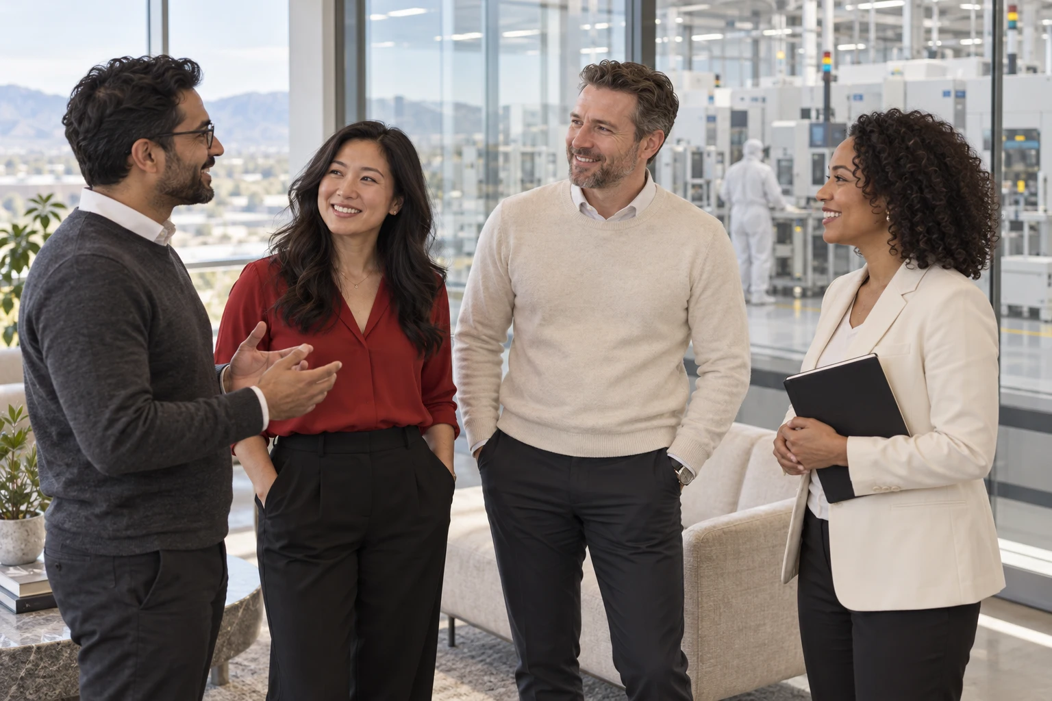 Recruitment team in conversation in a bright office