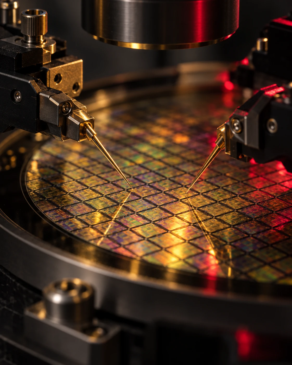 Precision wafer probe needles above silicon dies