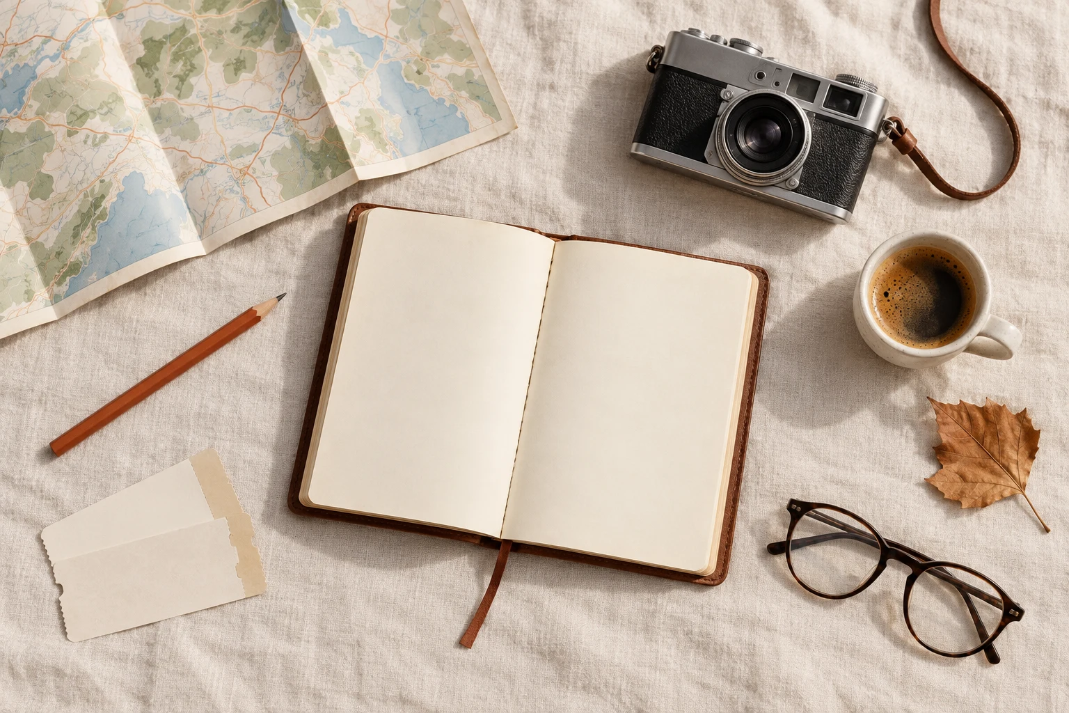 A travel notebook, camera, map, pencil and coffee on ivory linen