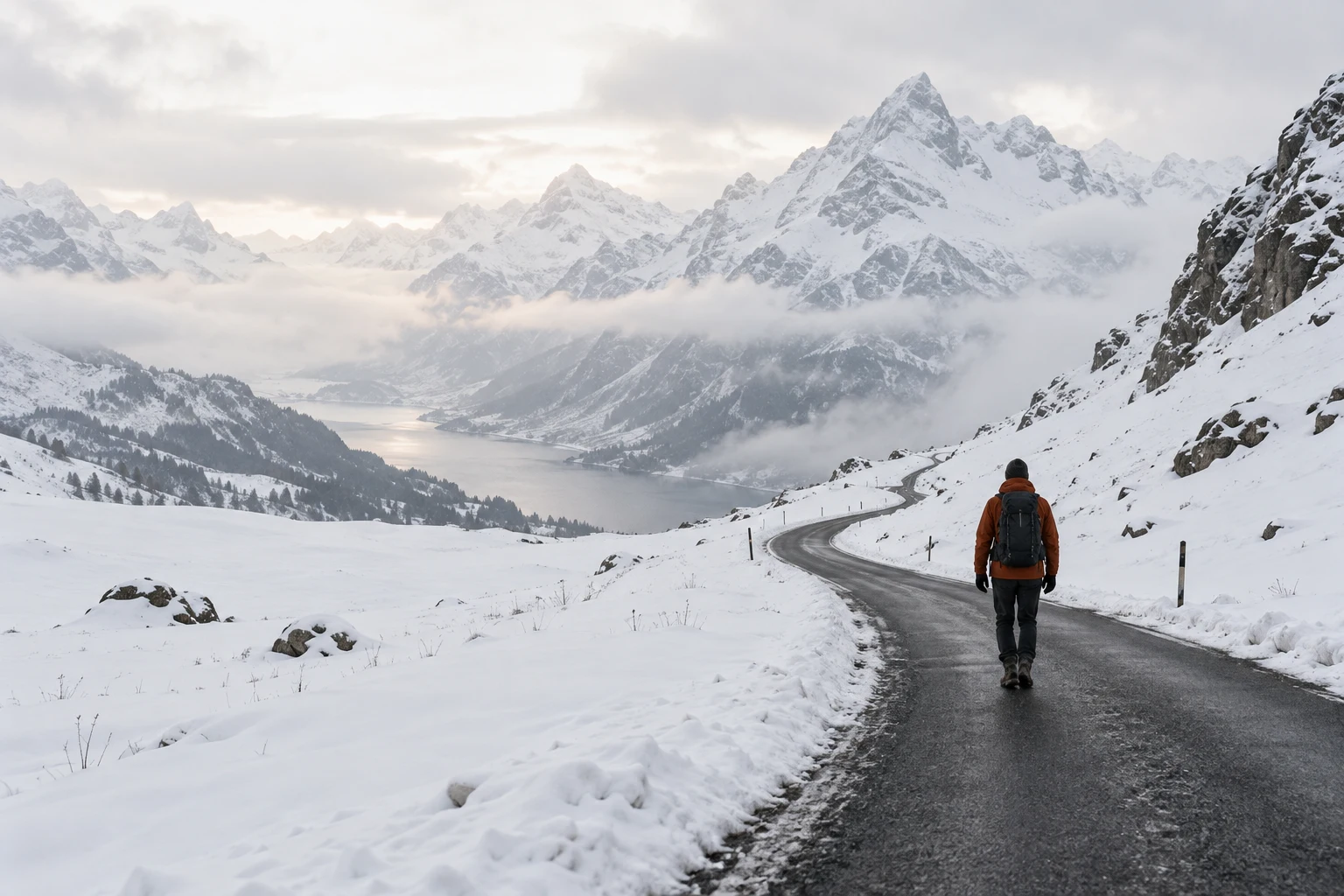 A traveler in an orange jacket on a snowy Alpine road