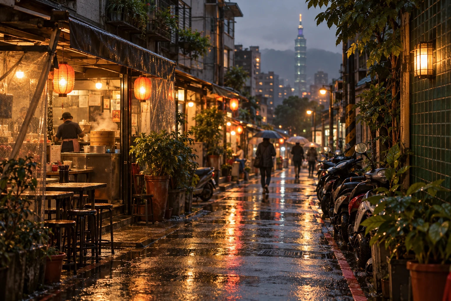 Warm lights on a rainy Taipei street