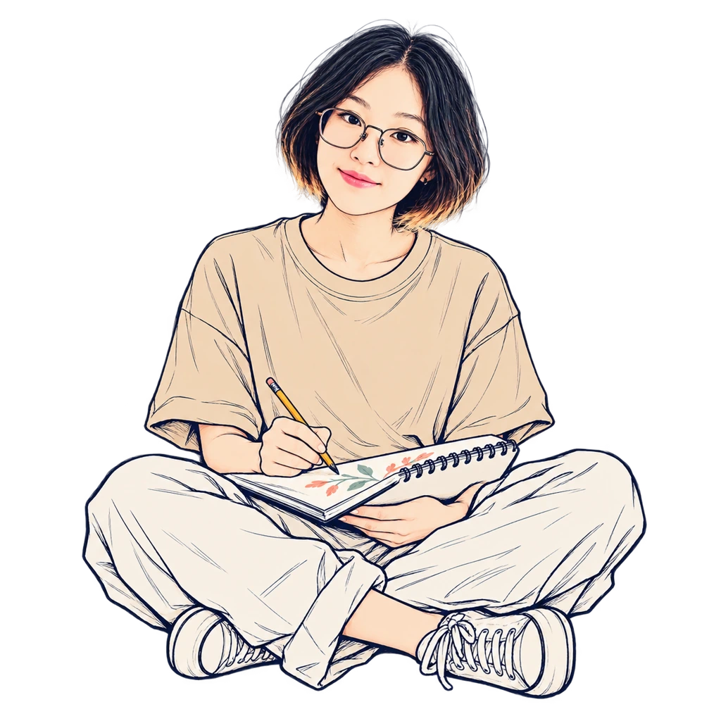 Line drawing of Emma sitting and sketching