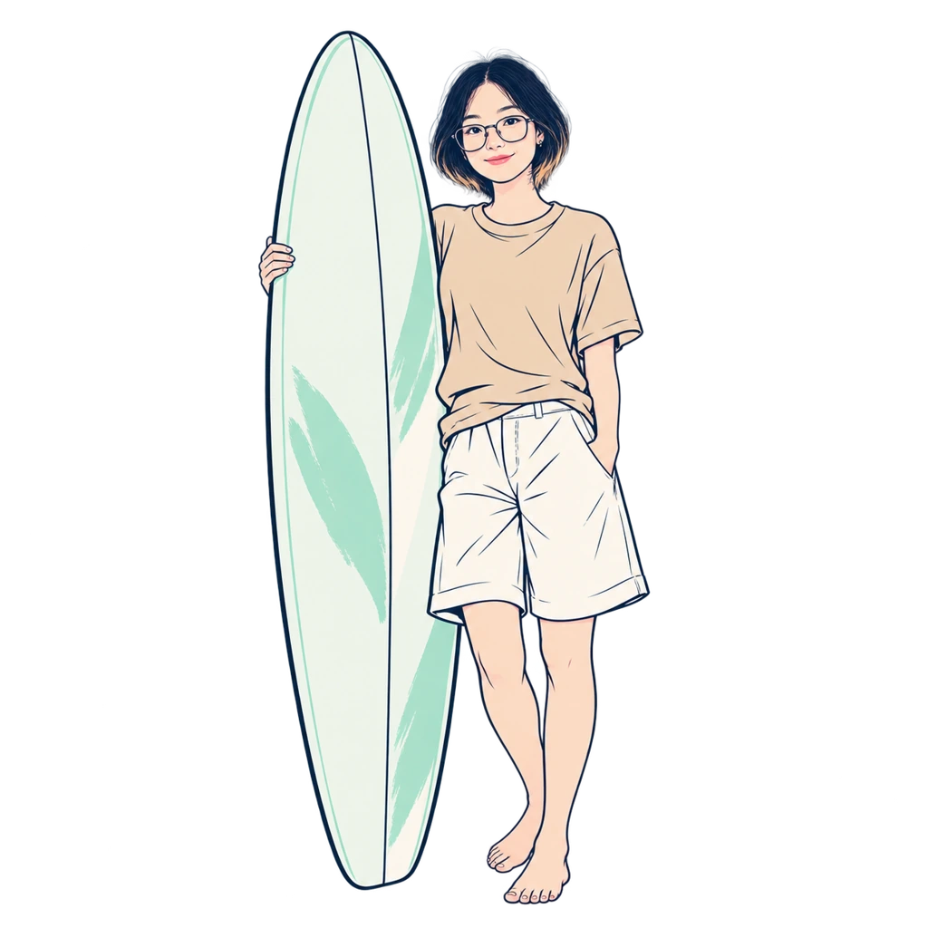 Line drawing of Emma standing with a mint surfboard
