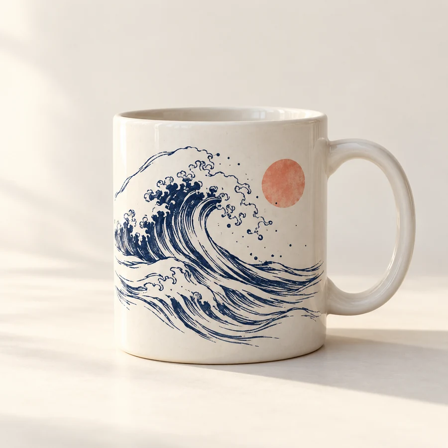 Concept preview of a mug with a wave drawing
