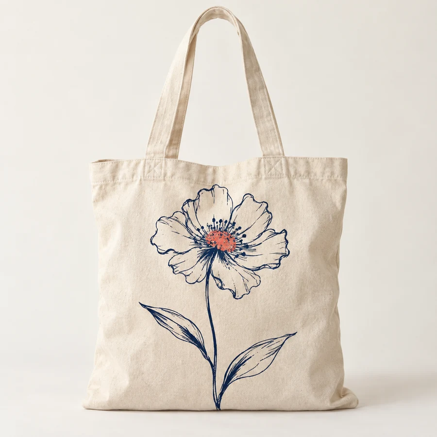 Concept preview of a canvas tote with a flower drawing