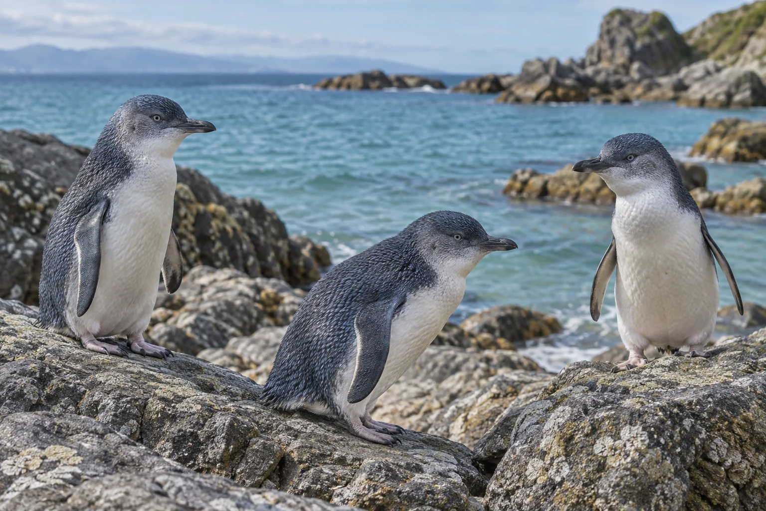 Little penguins beside a rocky shoreline