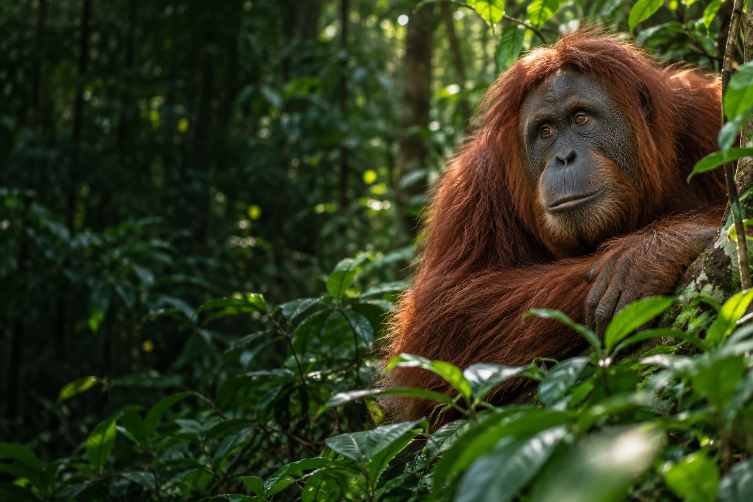 An orangutan looking out from a lush green canopy