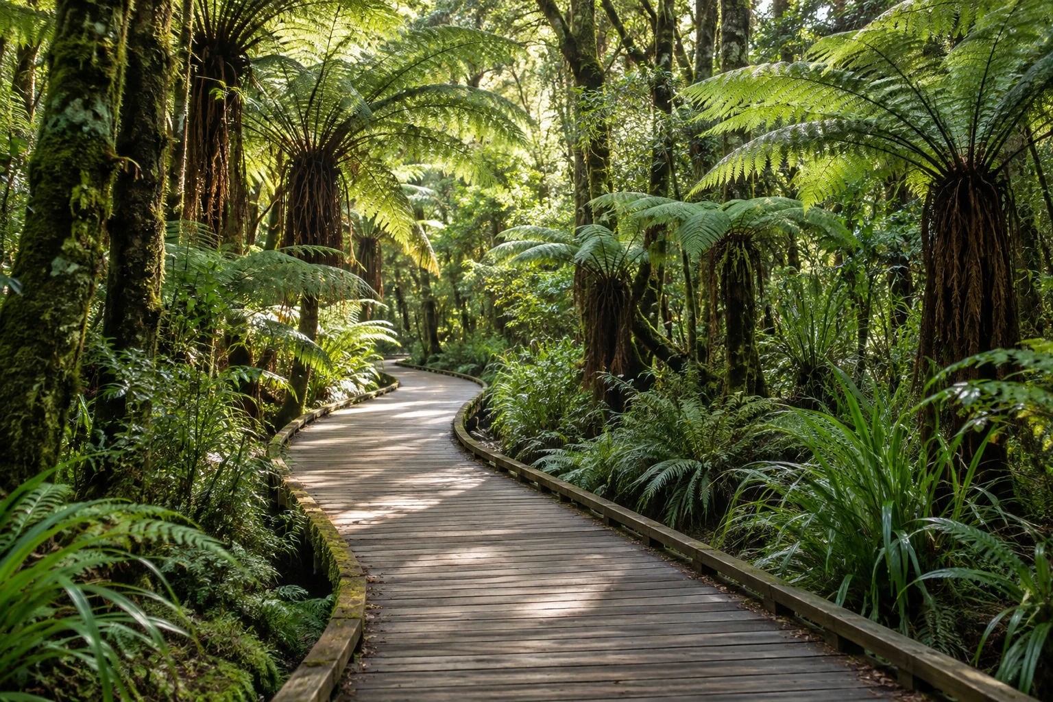 A peaceful fern-lined forest path