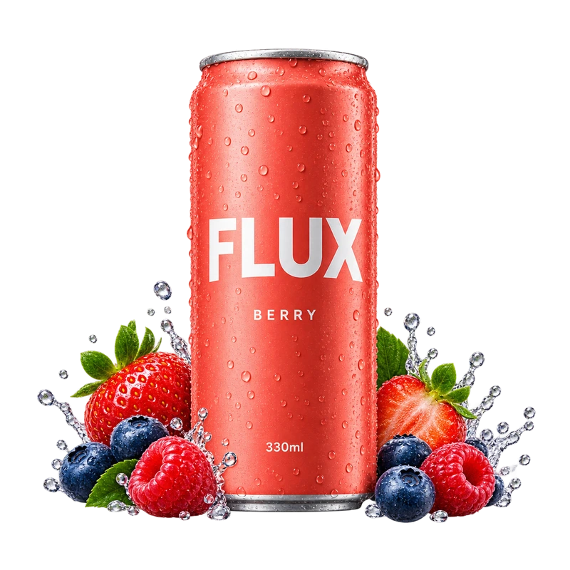 Coral FLUX Berry can with strawberries, blueberries and raspberries