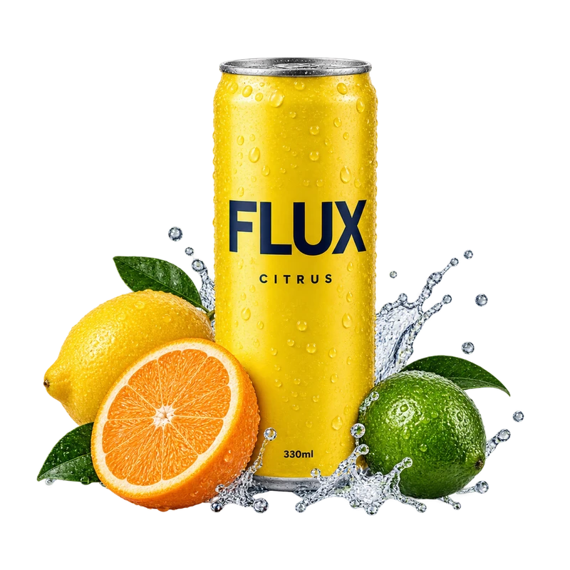 Yellow FLUX Citrus can with lemon, orange and lime