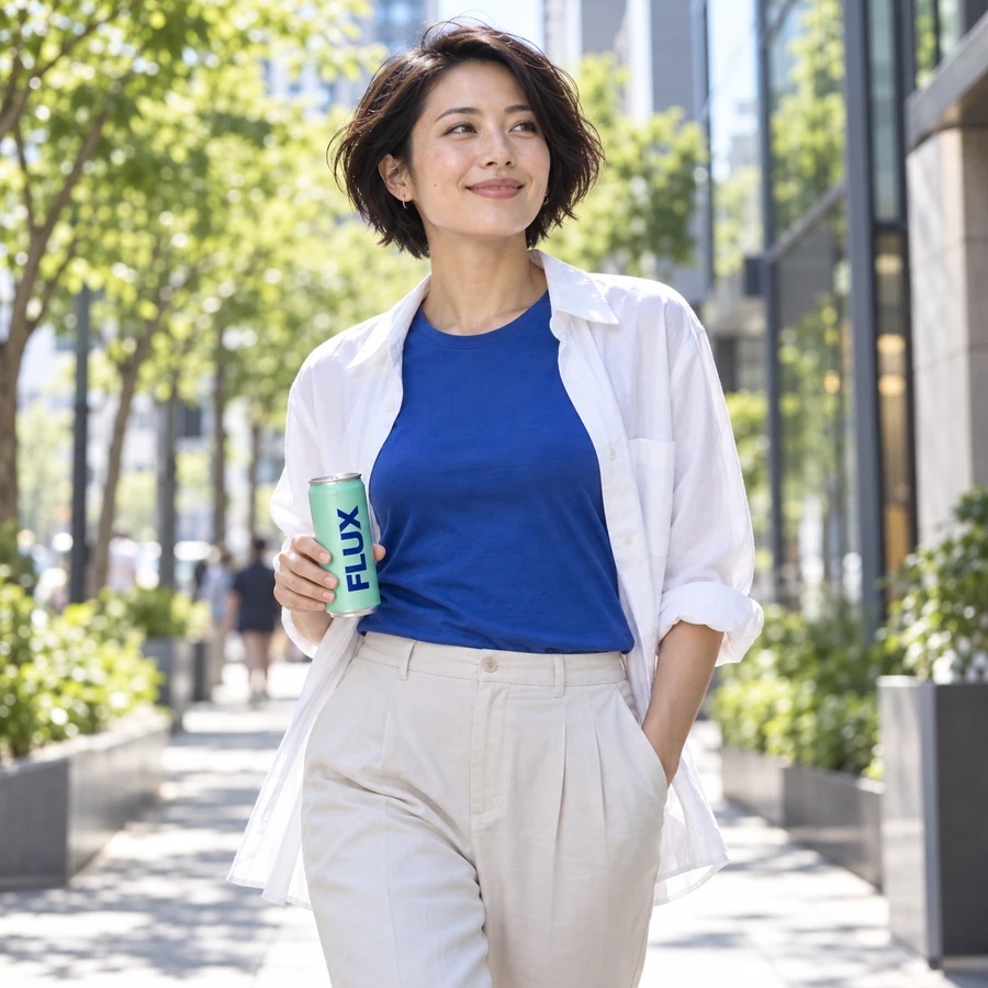 Adult carrying a drink on a bright city walk