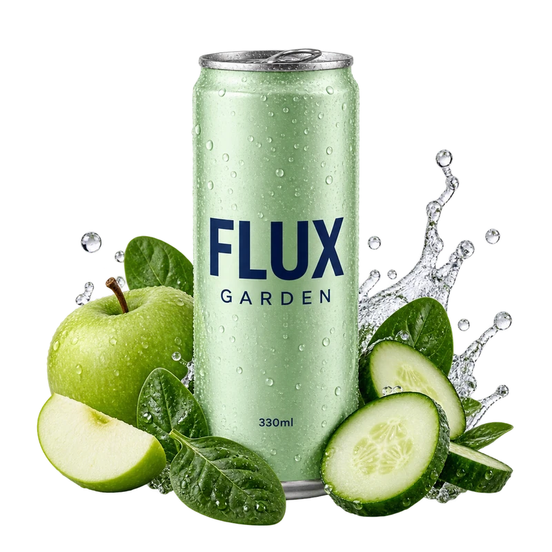 Mint-green FLUX Garden can with cucumber, apple and leafy greens