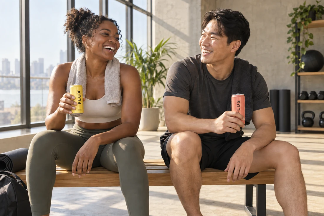 Two adults taking a relaxed break in a sunlit fitness studio