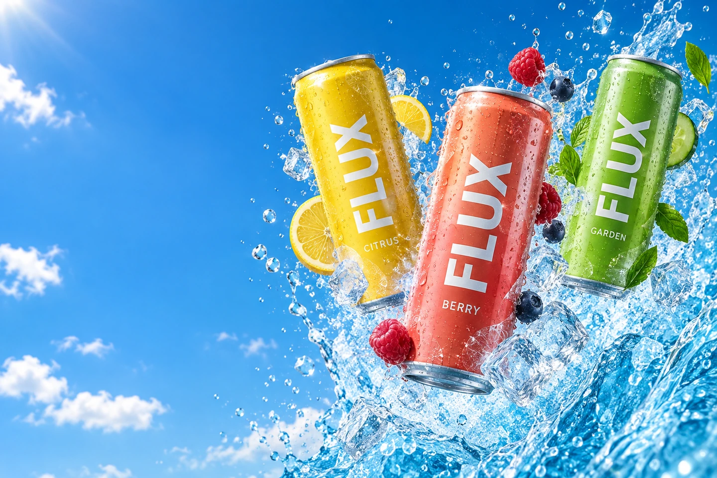 Three colourful FLUX drink cans suspended in a bright water splash under a blue sky