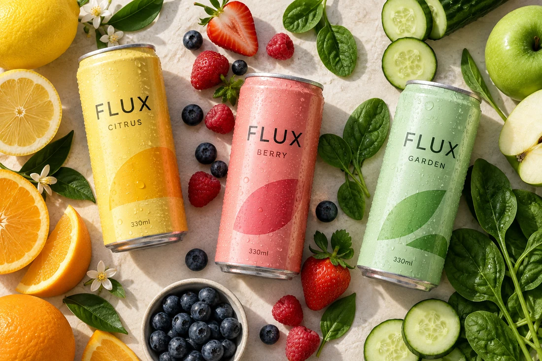 Overhead arrangement of colourful fruit and vegetables with FLUX drinks