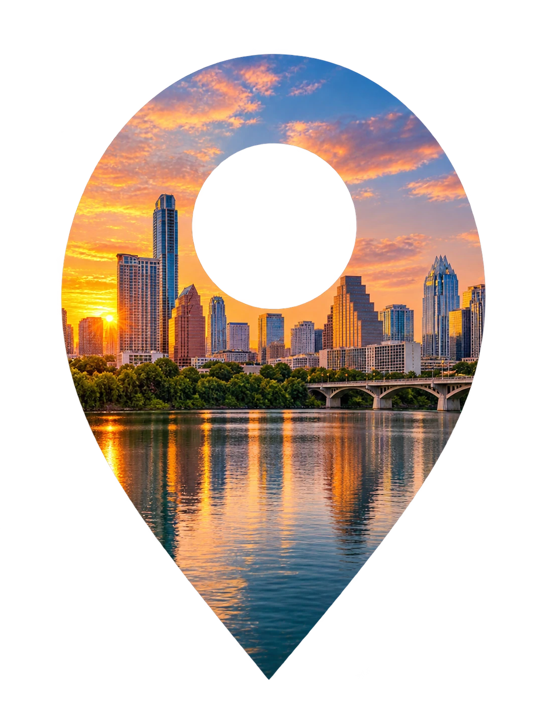 Decorative location pin containing an Austin-inspired city scene