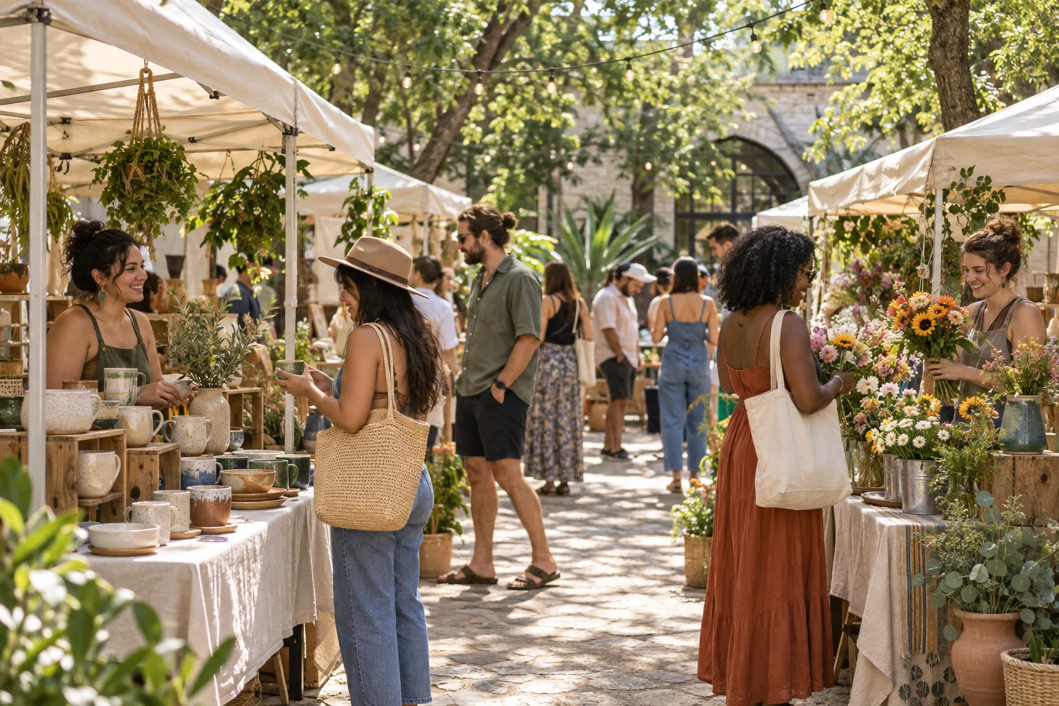 Illustrative neighborhood makers market with stalls and visitors