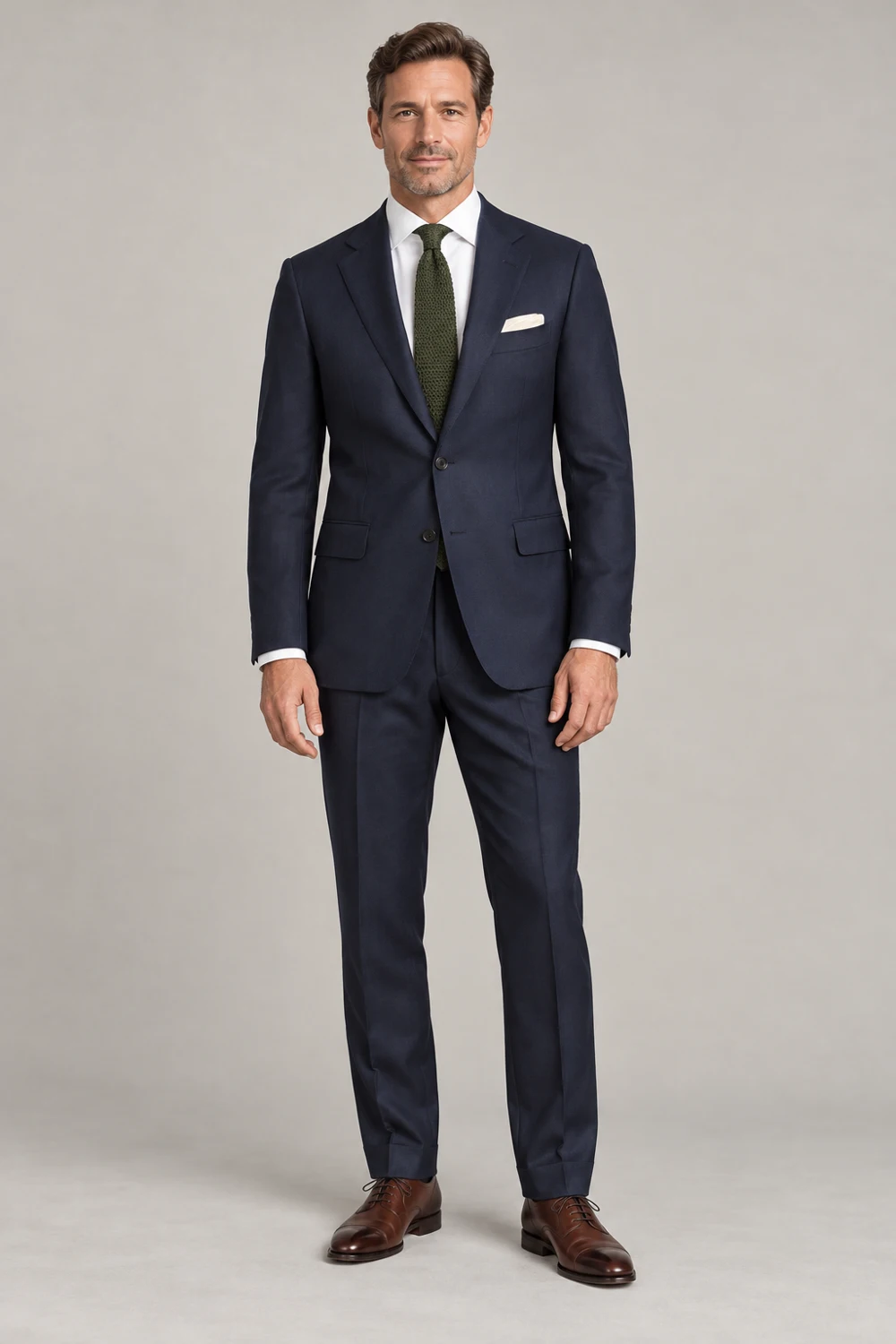 Full-length navy suit with olive tie, ivory pocket square and brown shoes