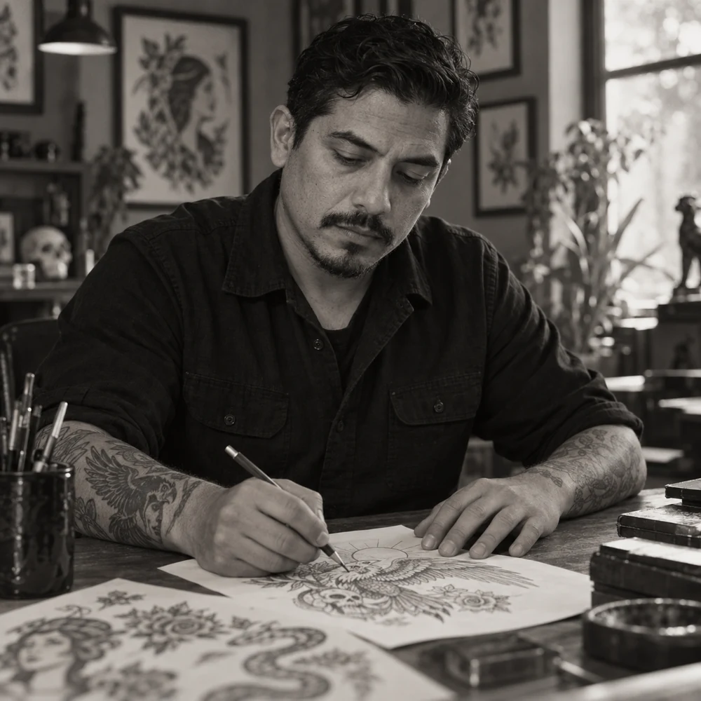 Fictional tattoo artist Rowan Cruz drawing a design in the studio