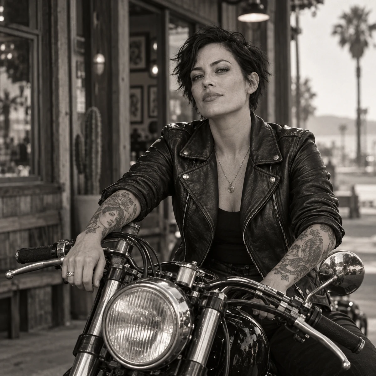 Fictional tattooed rider beside a classic motorcycle outside a California studio