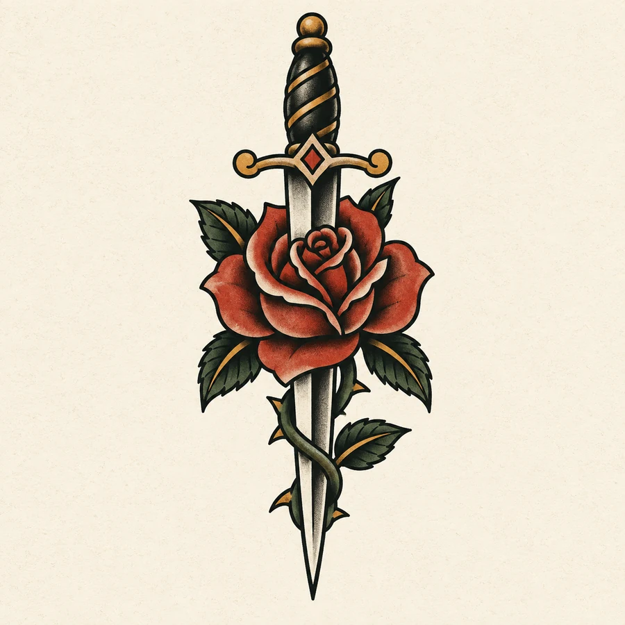 Traditional rose and dagger tattoo concept