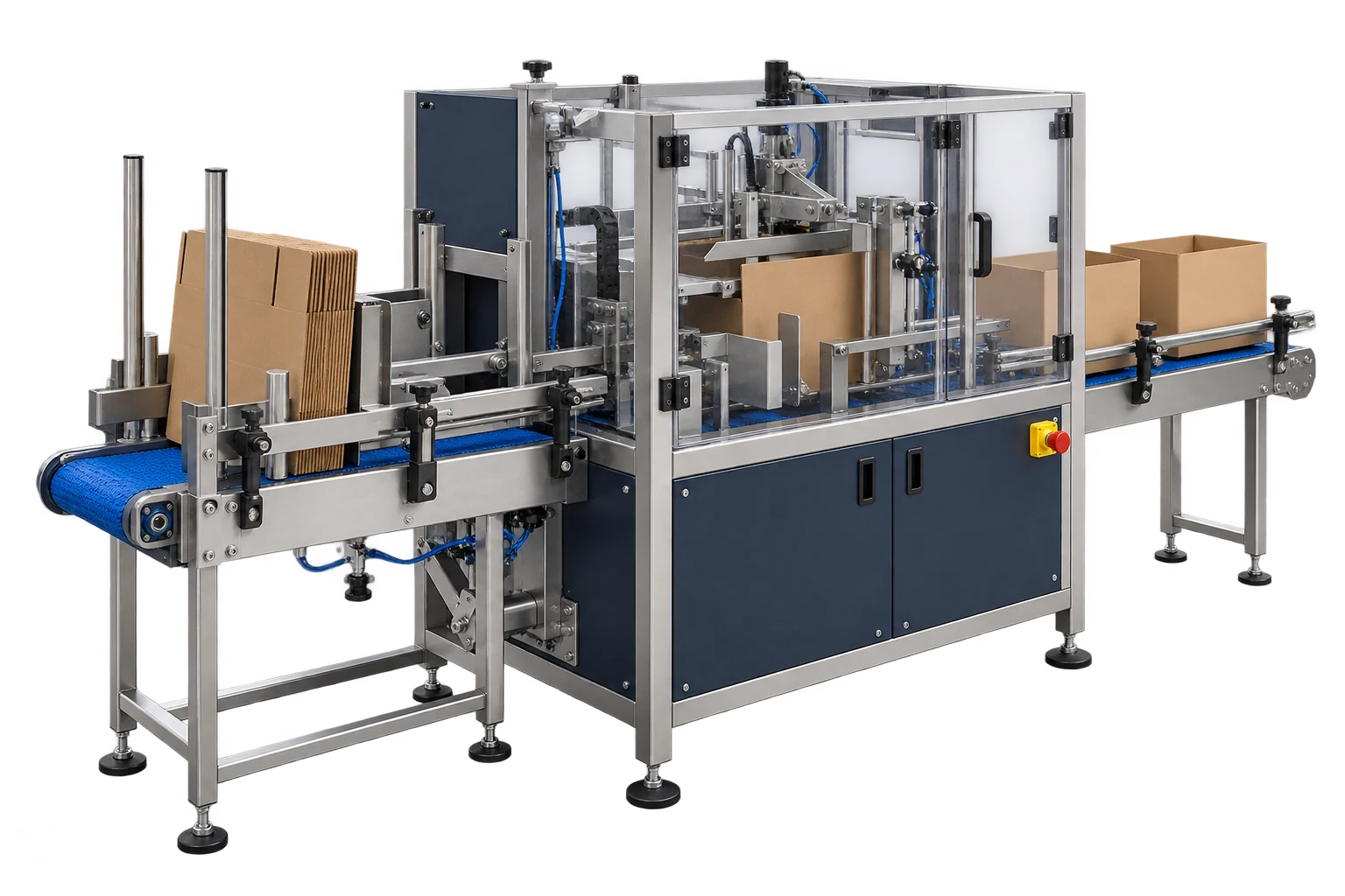 Compact stainless steel carton-forming module with a guarded conveyor