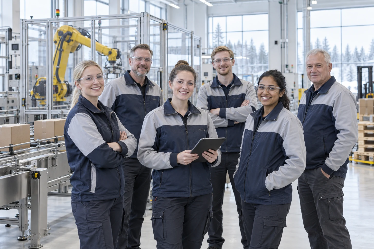 Engineering team beside a packaging line