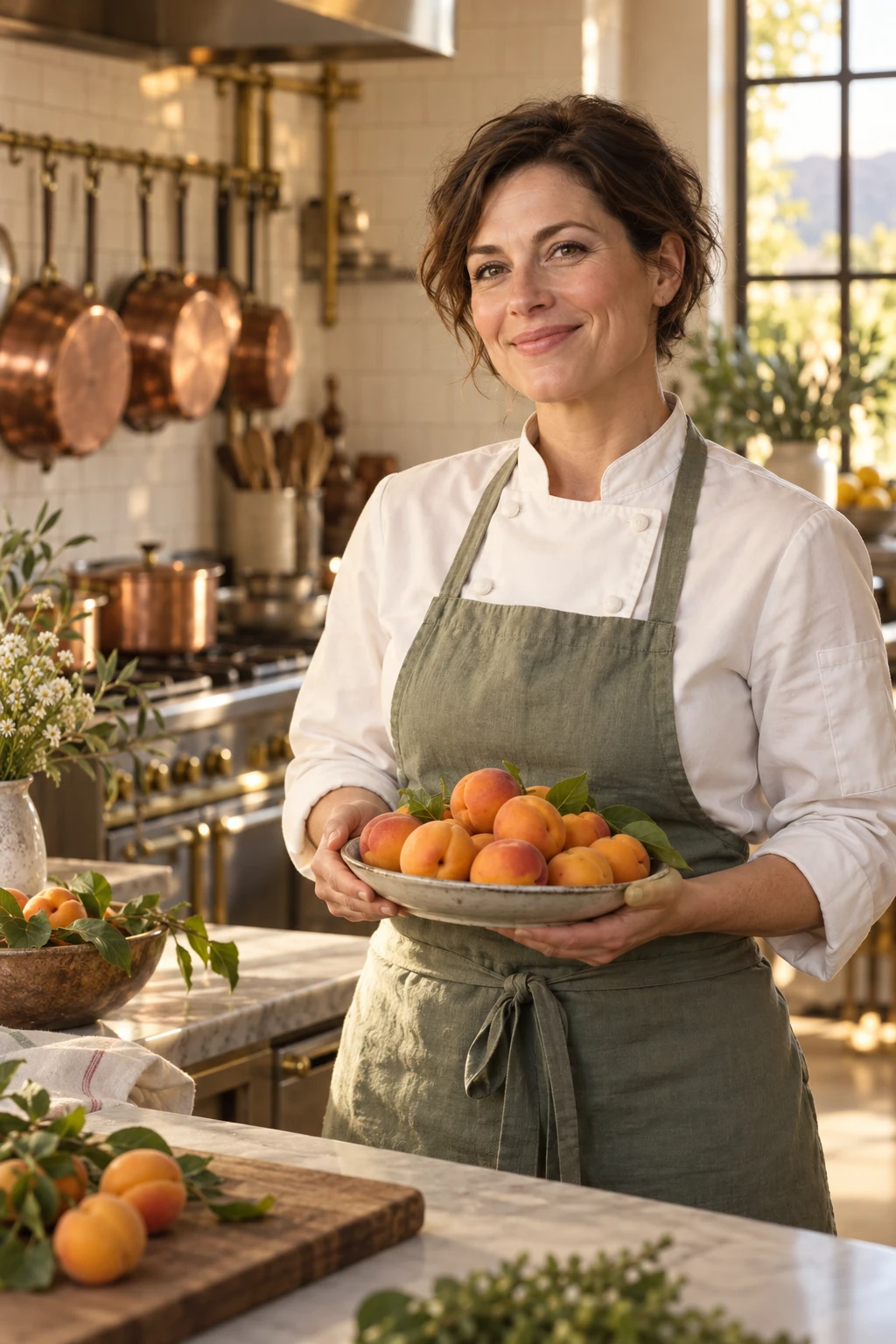 Our concept chef in a sage apron holding fresh market apricots