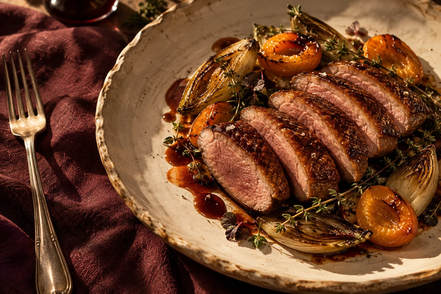 Seared duck breast, golden apricots and cherry jus on an ivory plate