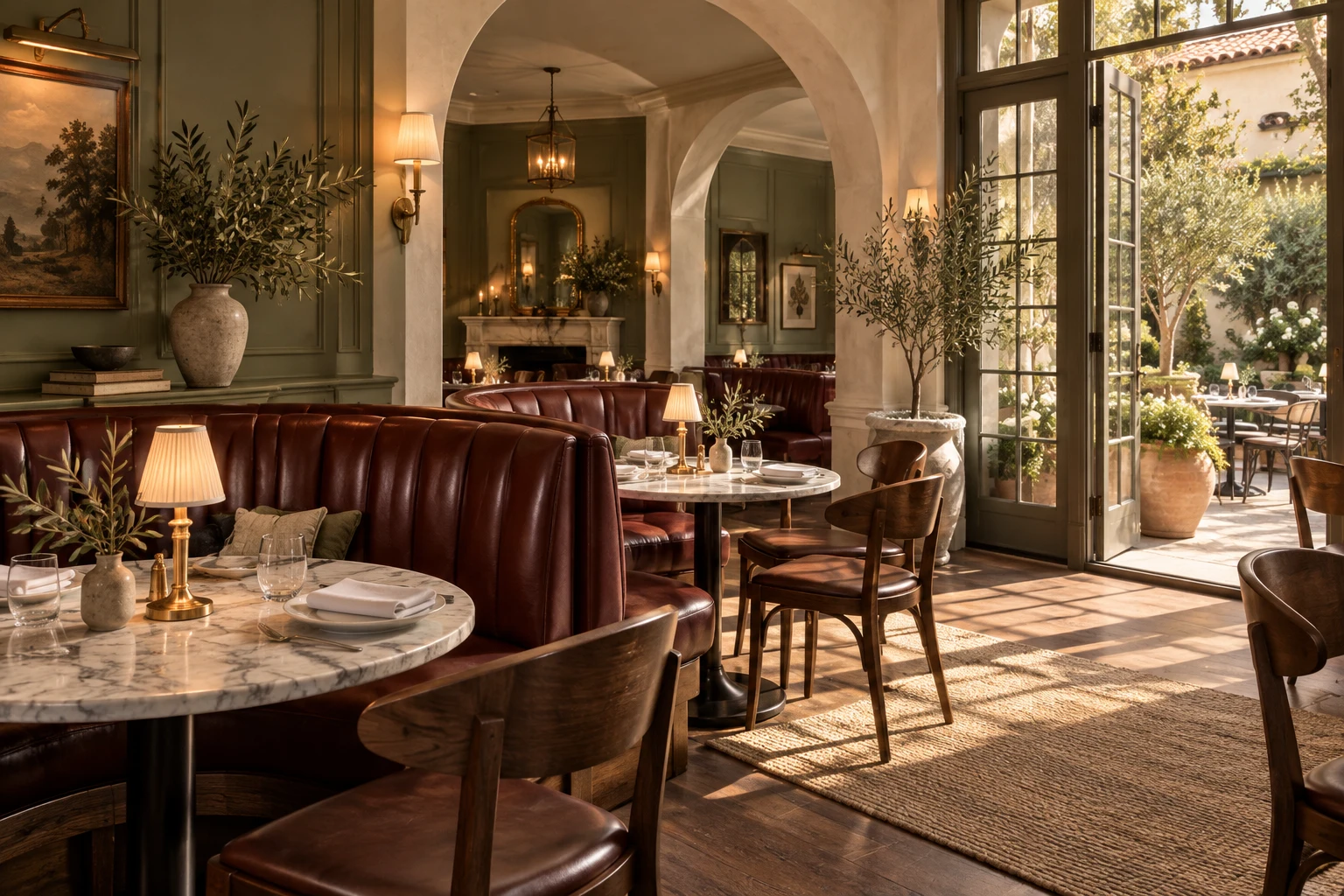 Sunlit French Californian dining room with burgundy banquettes and brass lamps