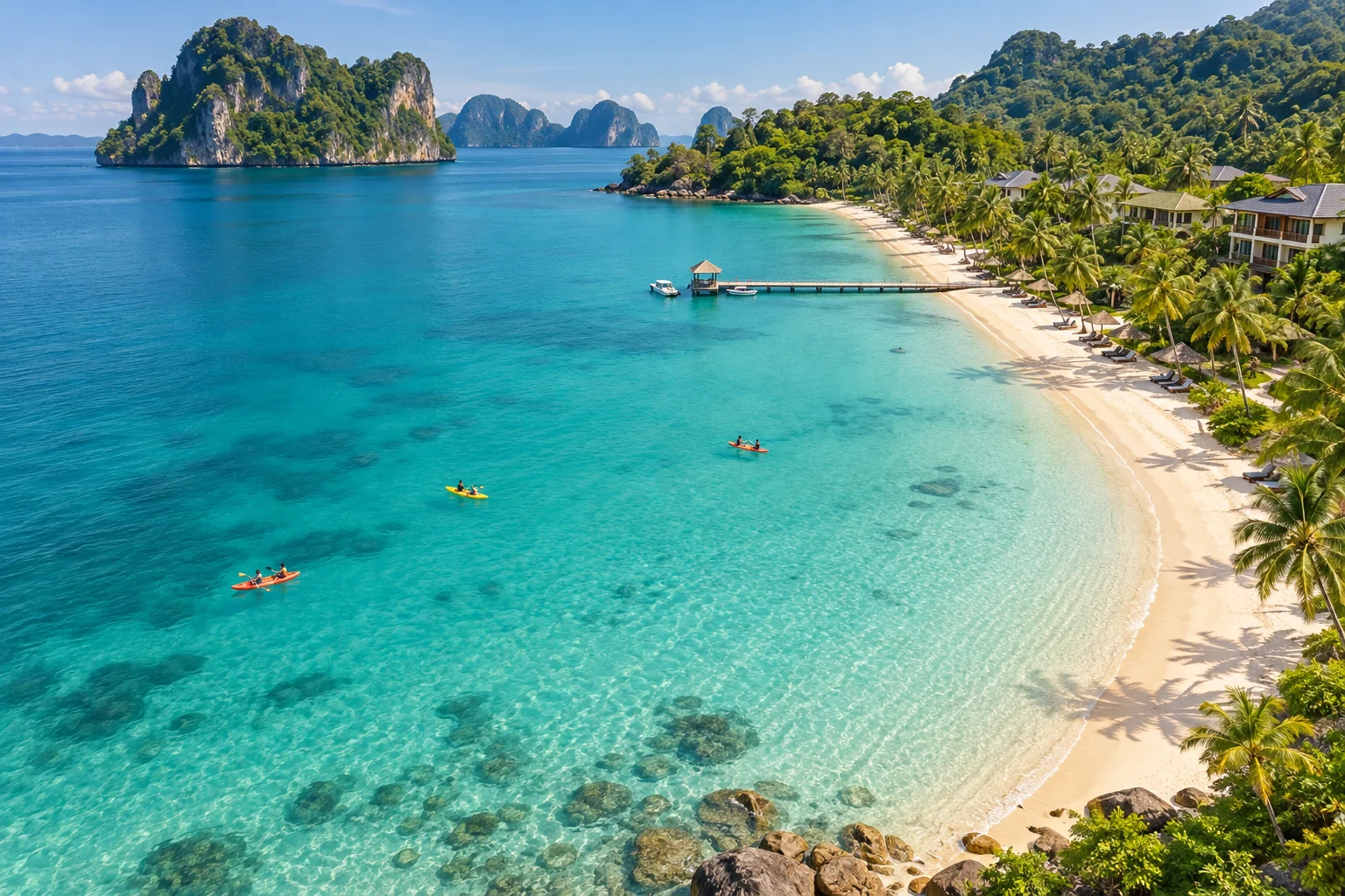 ลากูนสีฟ้าใส ชายหาด และที่พักท่ามกลางภูมิประเทศเขตร้อน