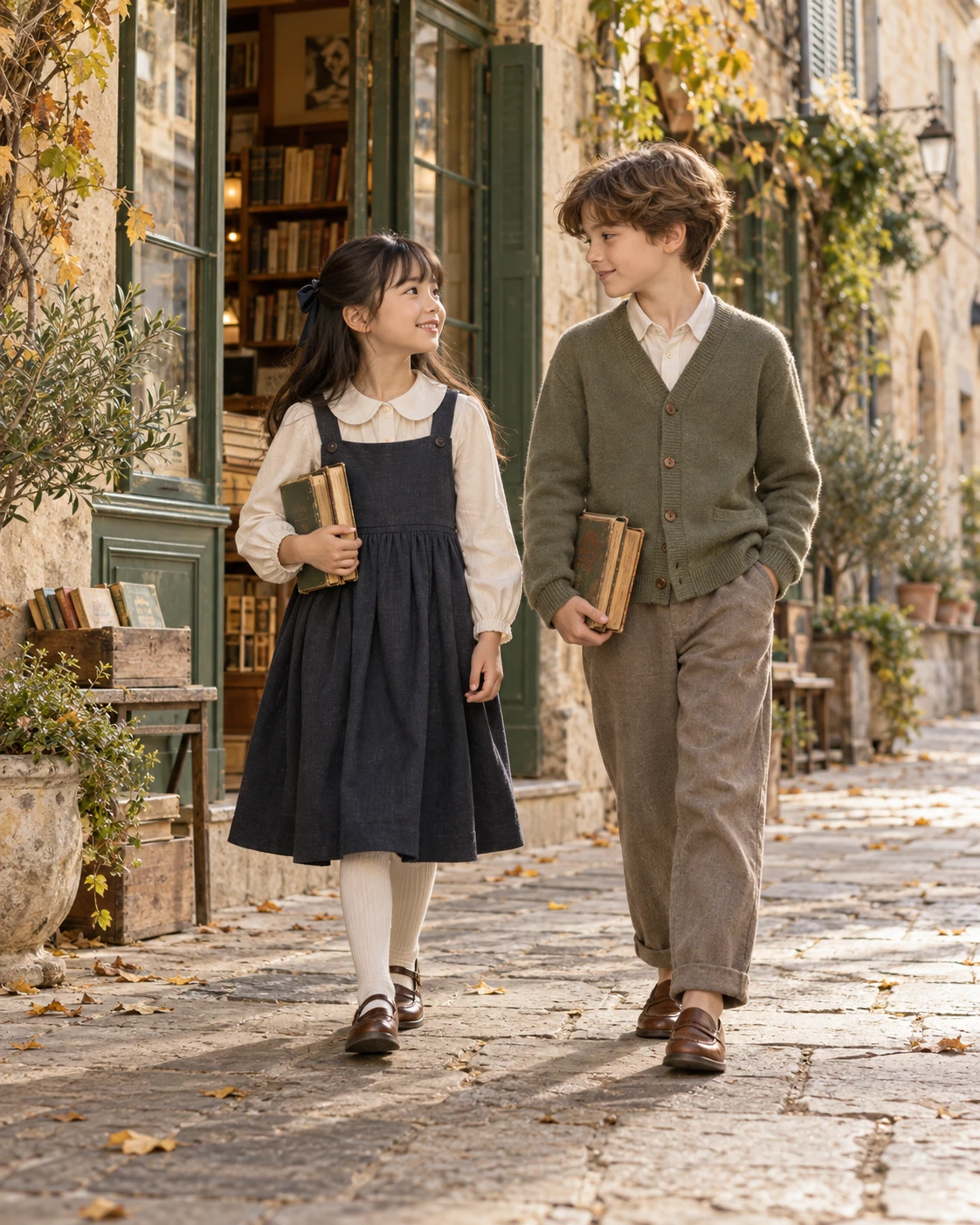 Two children in classic layered outfits carrying books outside an old bookshop