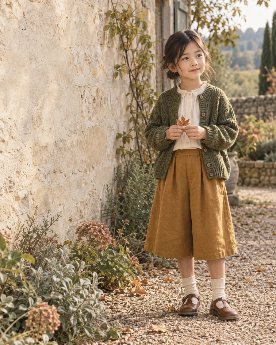 Child in a vintage inspired cardigan exploring a garden