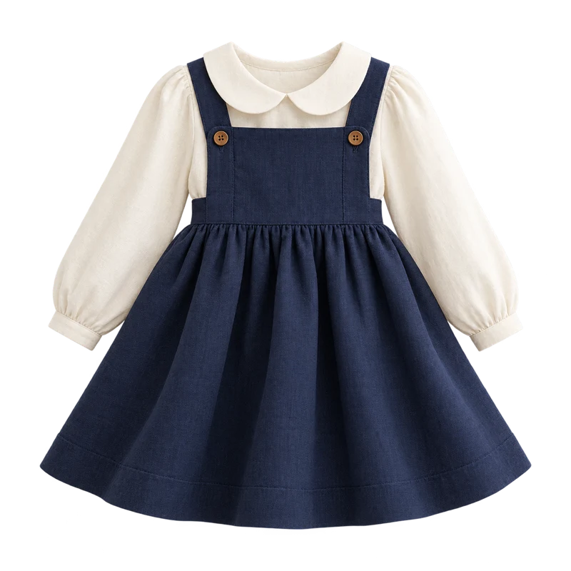Navy pinafore and ivory blouse