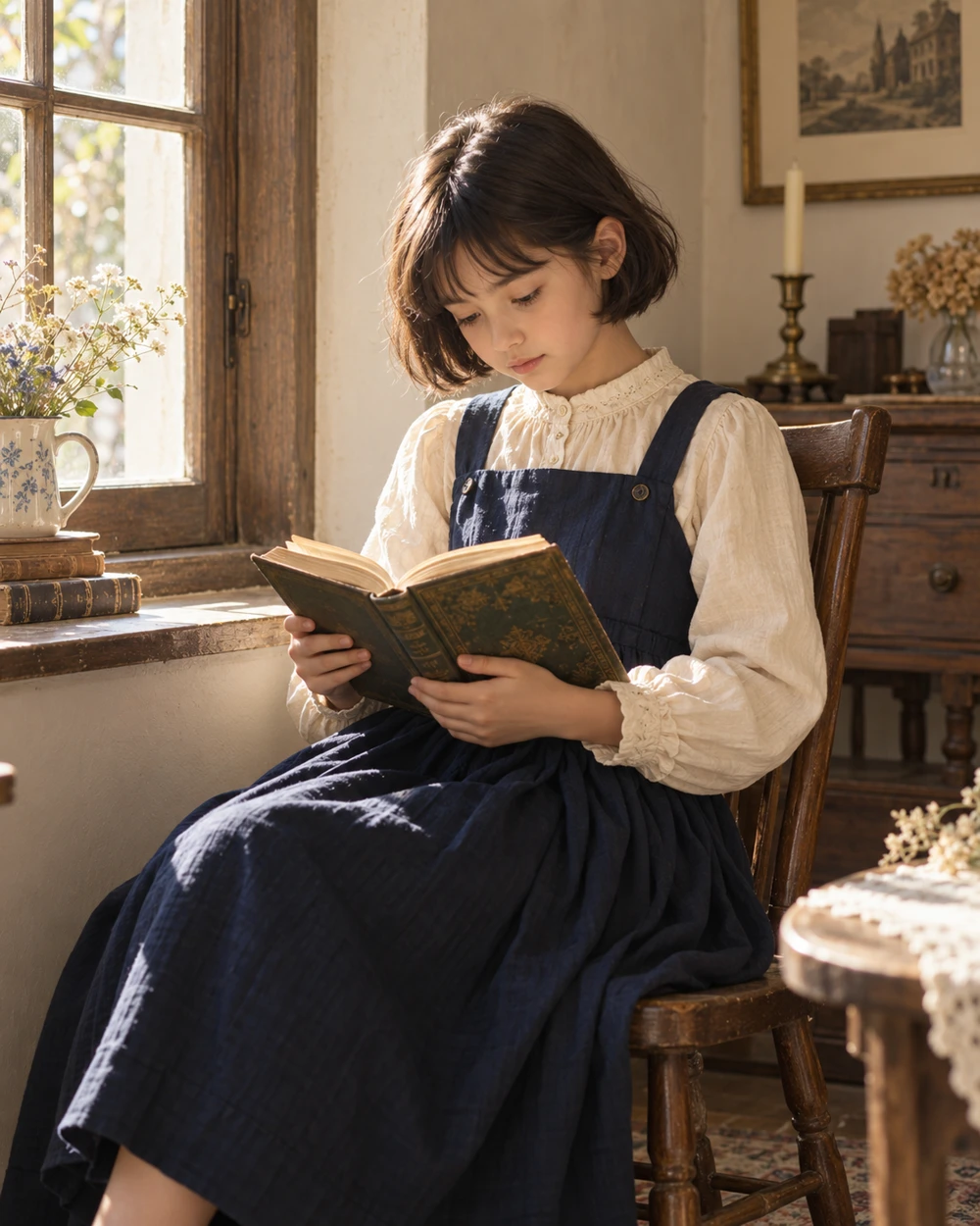 Child reading a book in soft afternoon light
